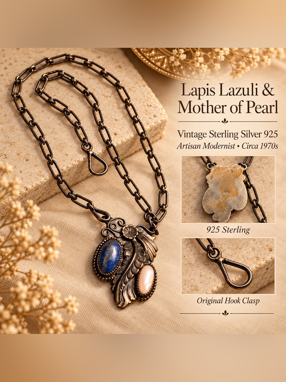 Modernist Vintage Lapis Lazuli & Mother of Pearl Sterling Silver necklace
